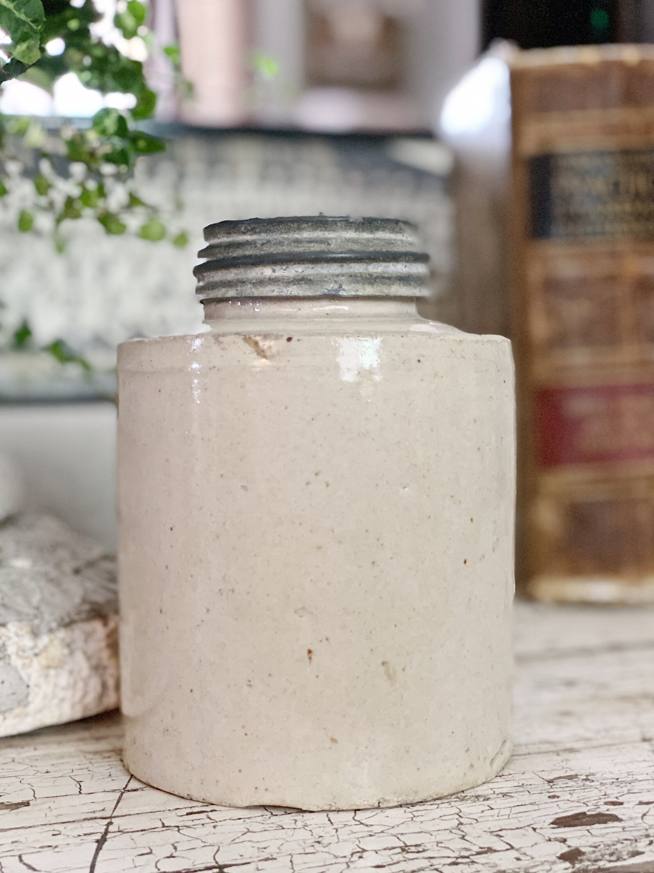 Antique Pottery Canning Jar Crock Salt Glaze Stoneware ATLAS Zinc Lid Farmhouse Decor