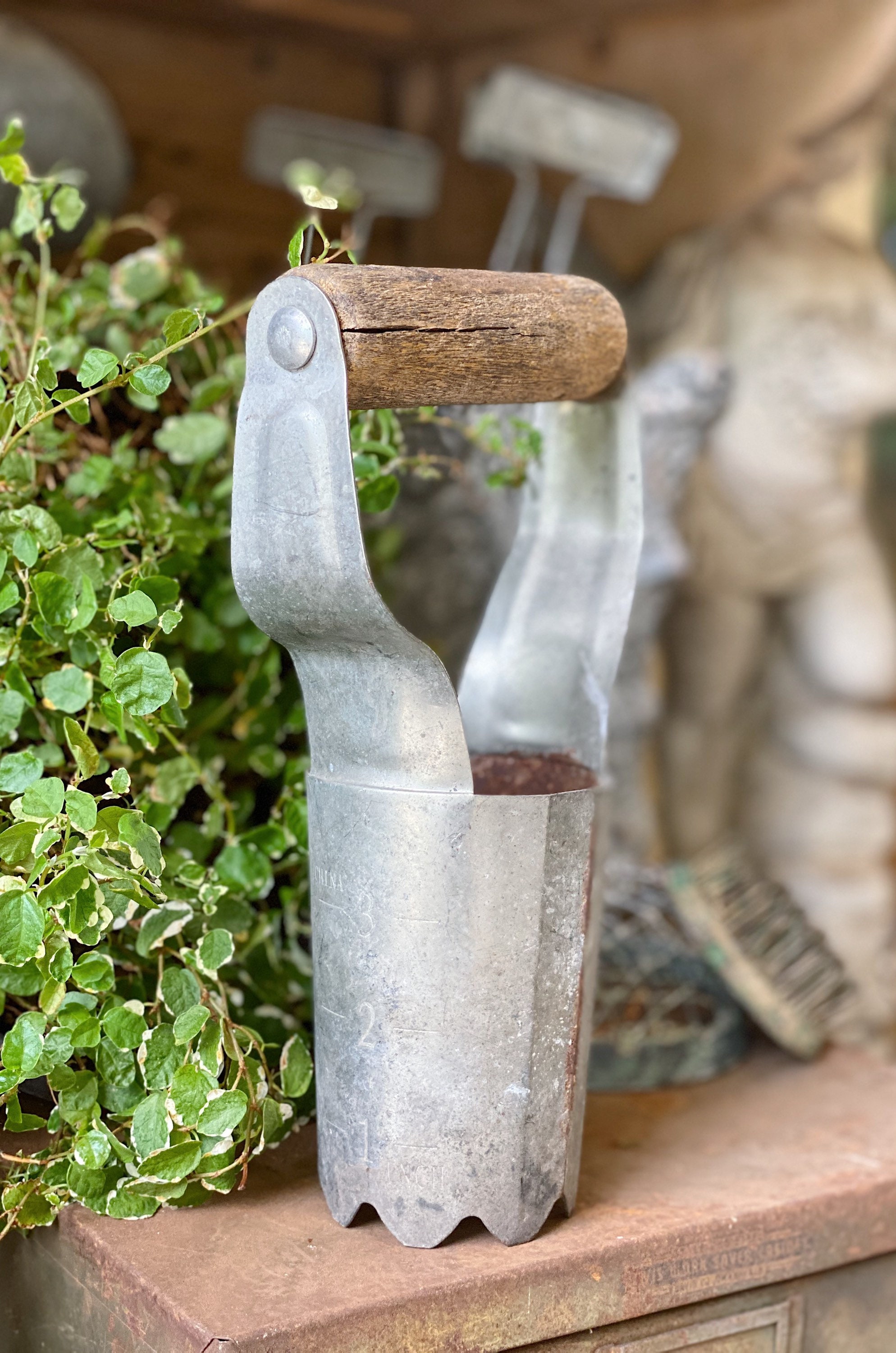 Vintage Garden Hand Tool Bulb Planter Hand Held Wood Metal Galvanized