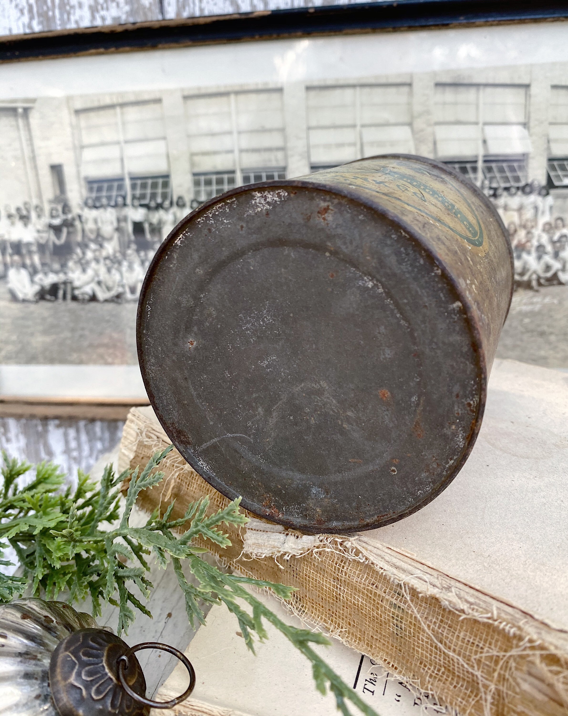 Antique COTTOLENE HOG FAT Tin Can with Lid Galvanized Farmhouse Decor