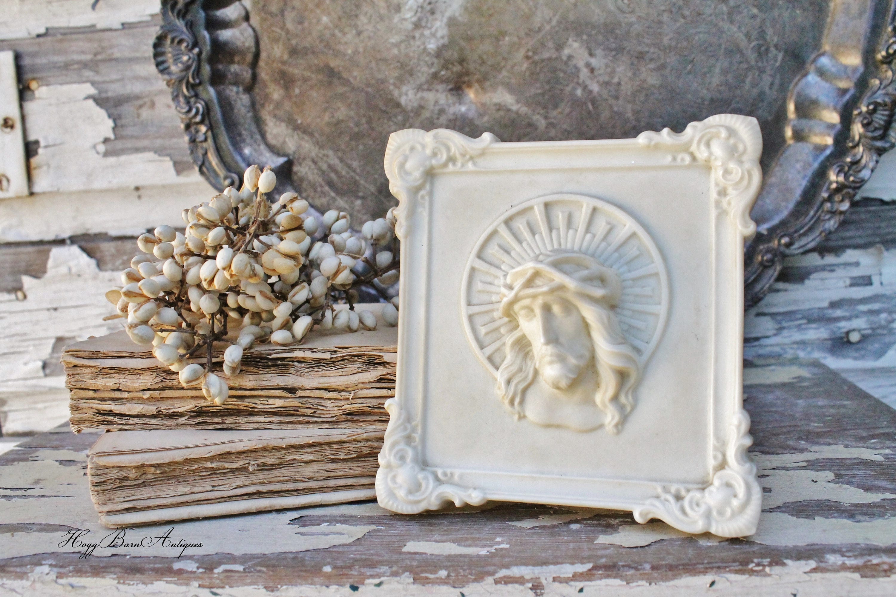 Vintage Jesus Plaque Religious Wall Art Sign Farmhouse French Decor