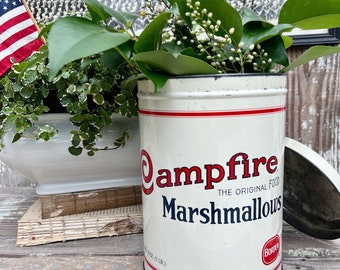 Vintage CAMPFIRE MARSHMALLOWS Tin Can Red White Blue Farmhouse Decor Industrial Salvage Christmas Decor 16 oz