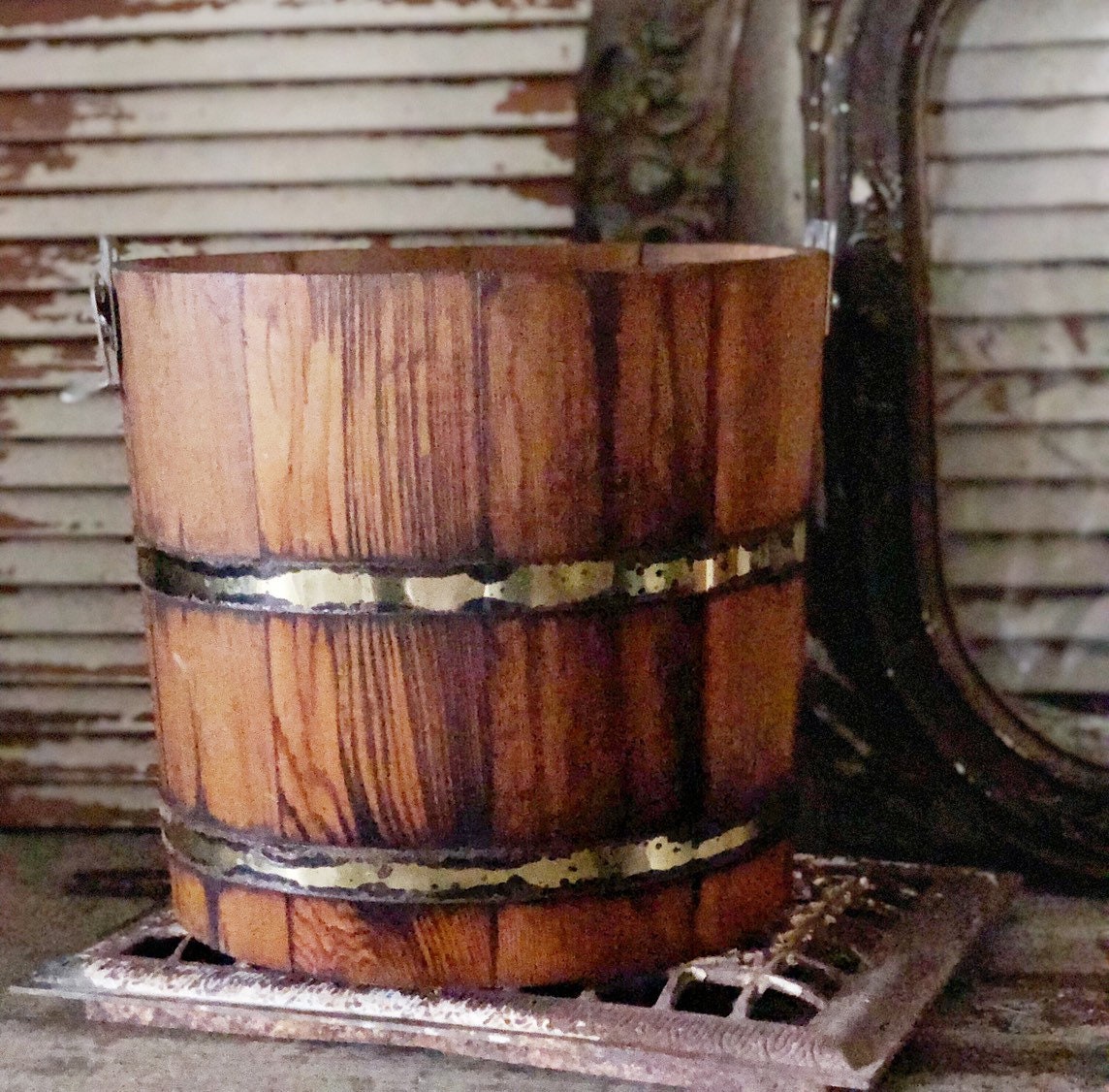 Vintage Wood Ice Cream Bucket Barrel Planter Primitive Fall Farmhouse