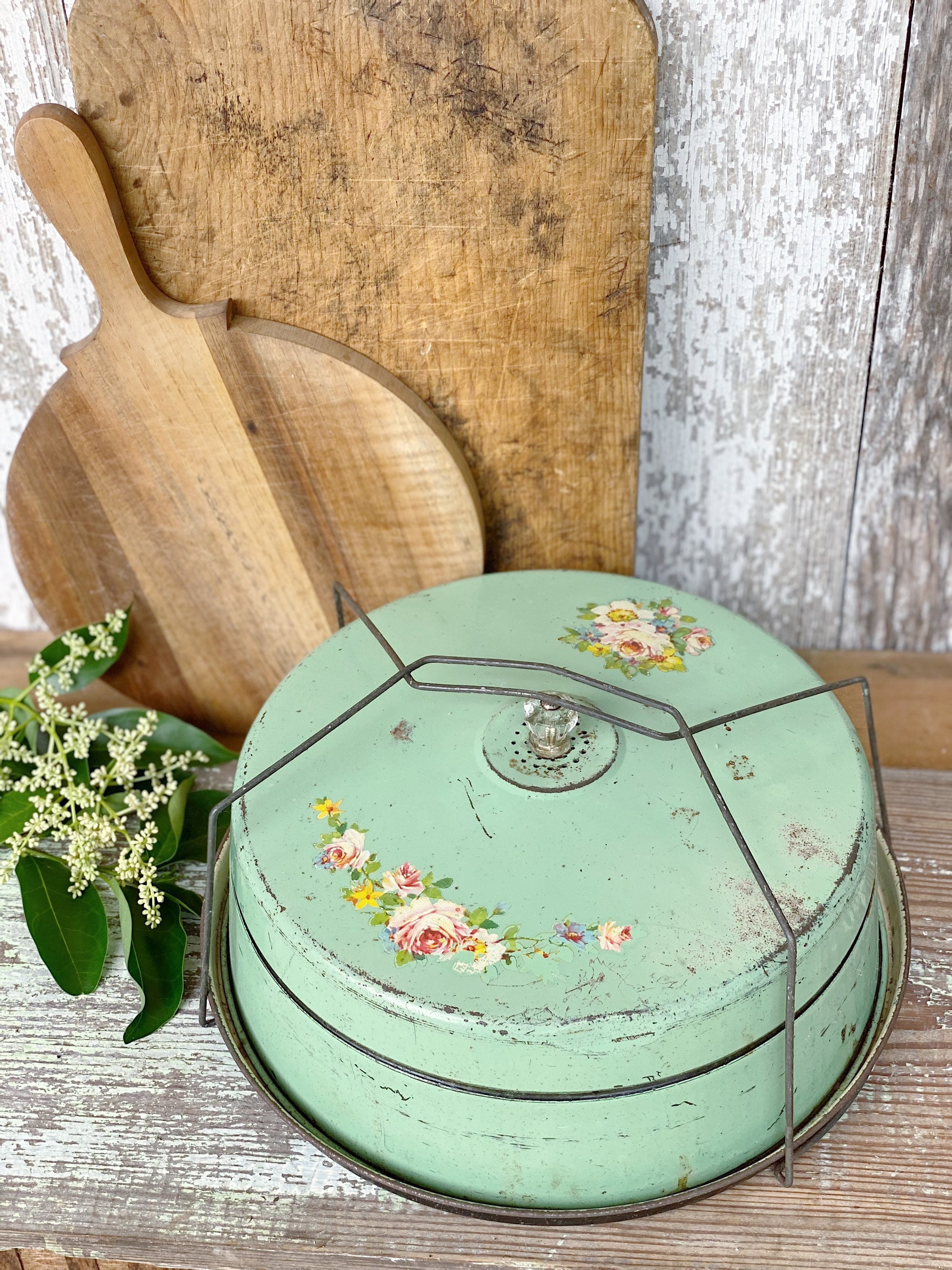 Antique Cake Cover Keeper Dome GREEN Cream Metal Tin Farmhouse Decor
