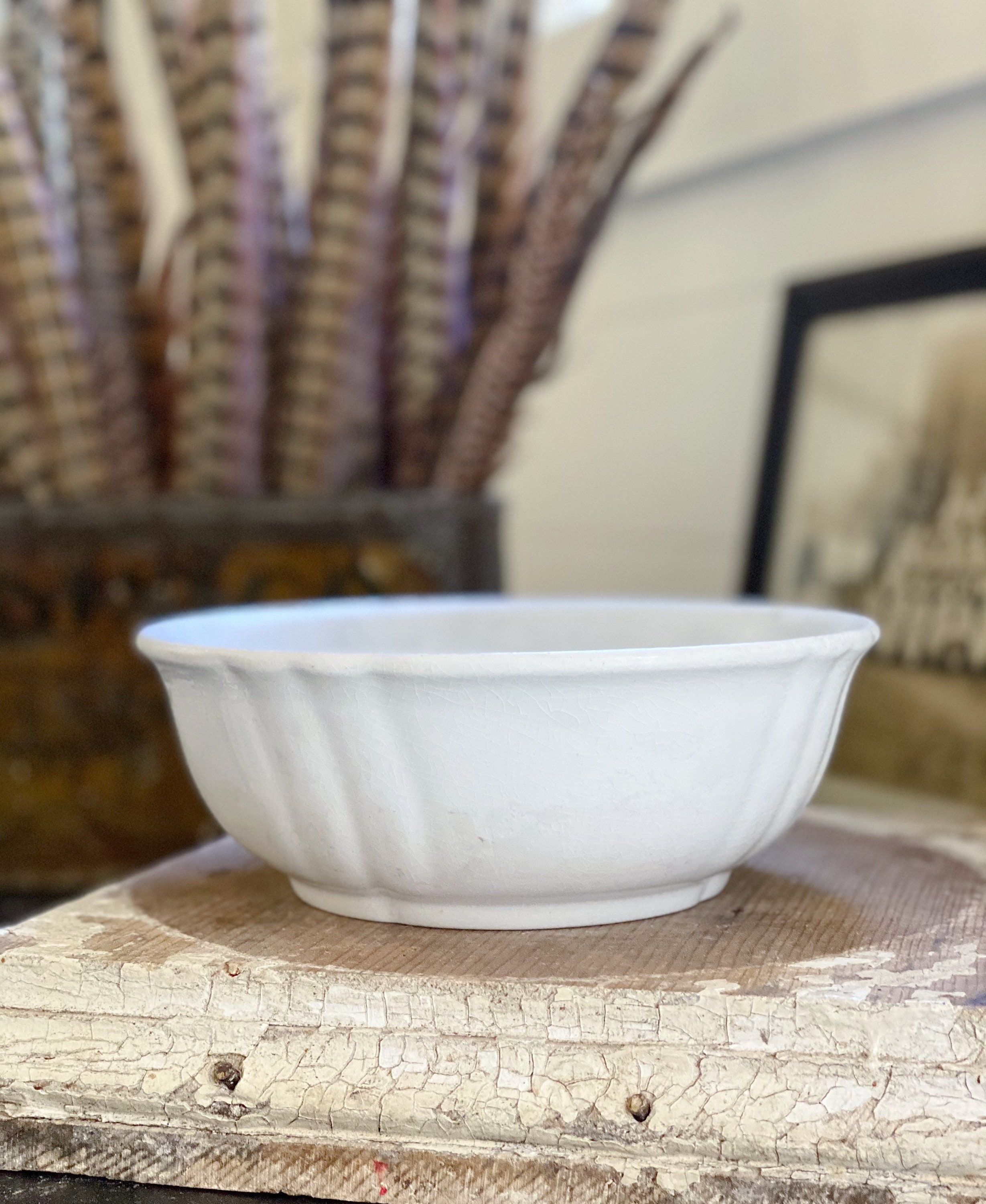 Antique White Ironstone Bowl Lady Finger Scallop Footed Royal Ironstone