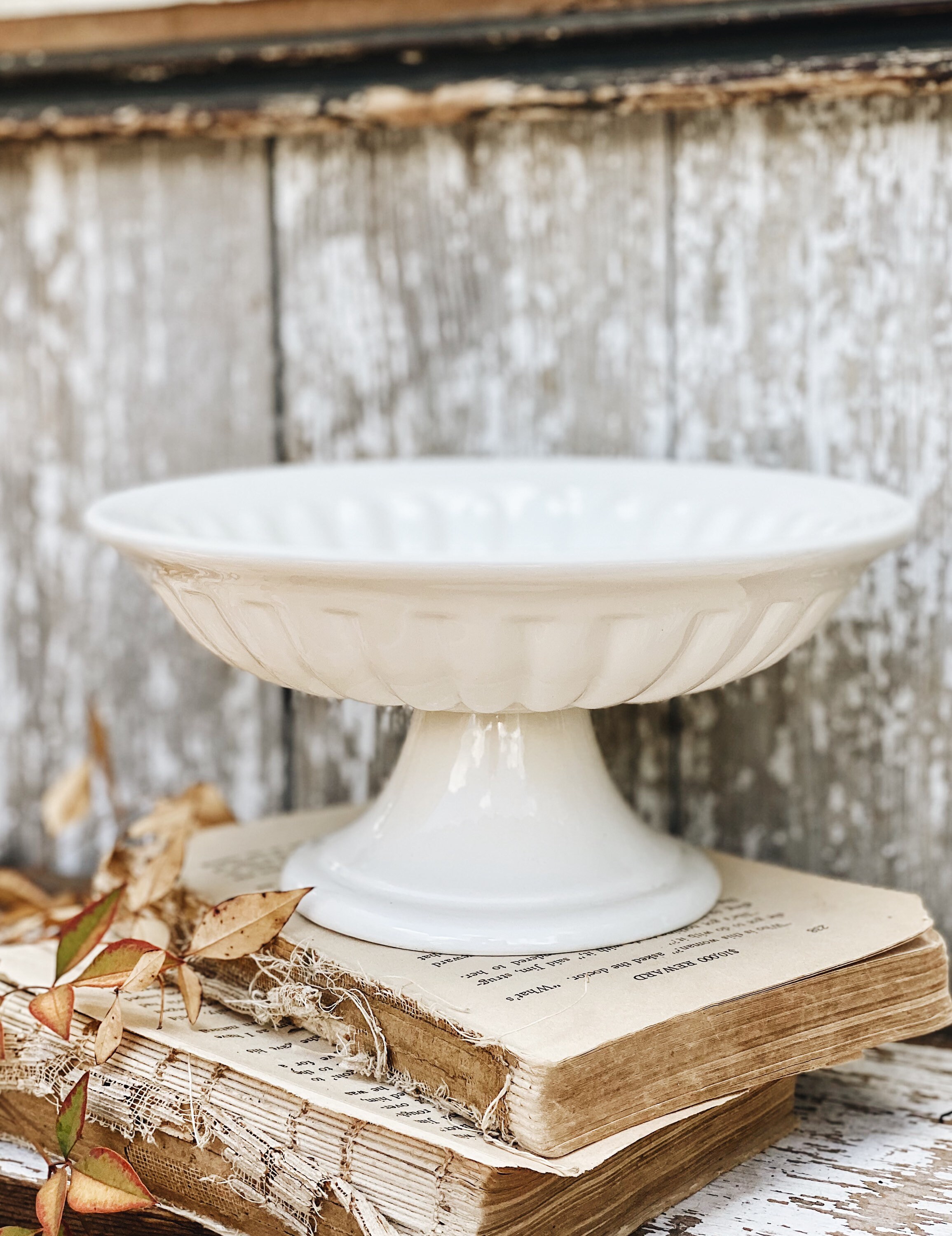 Antique White Ironstone Compote Bowl Lady Finger Scallop Footed