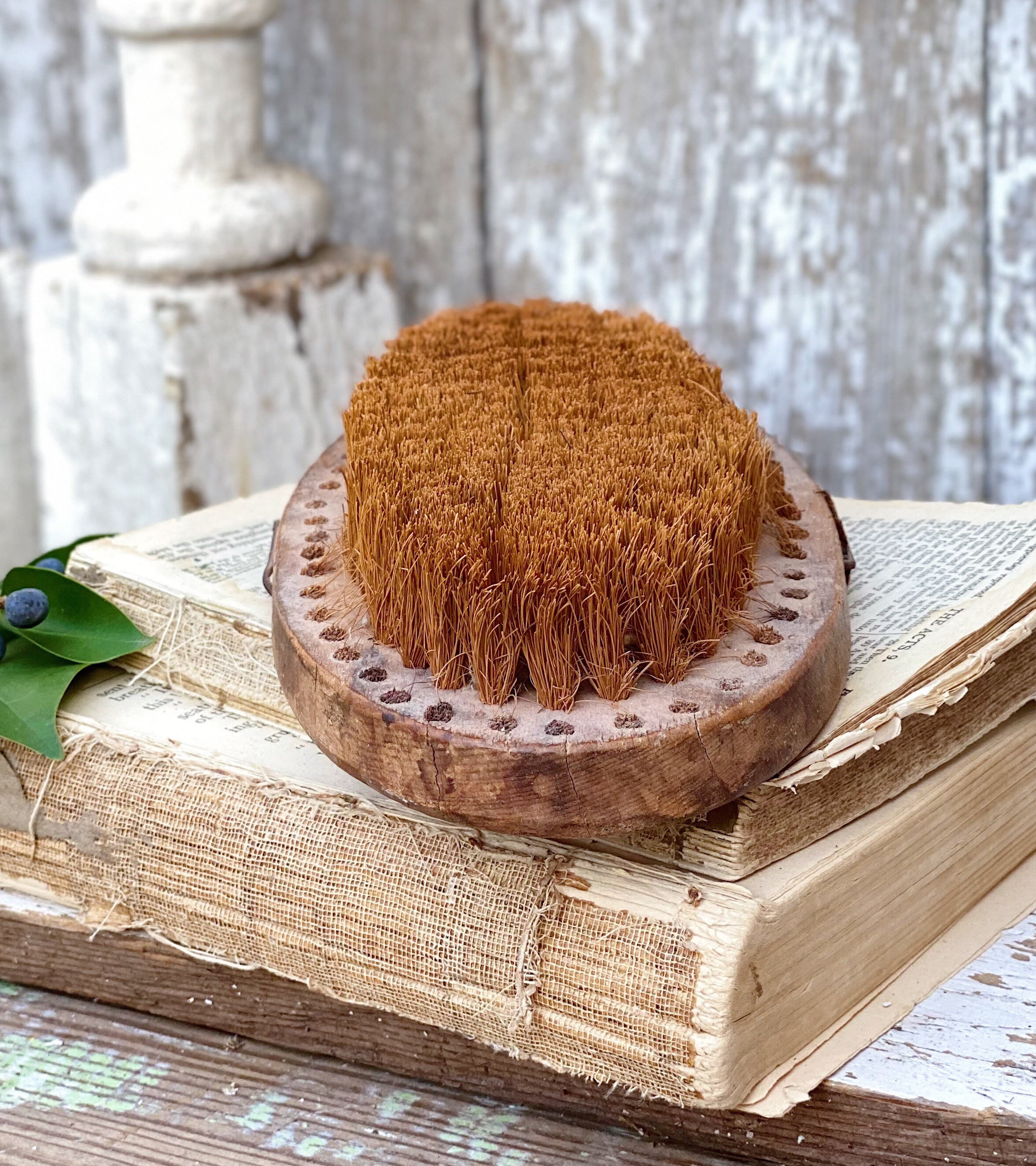 Antique Horse Brush Brown Wood Handle Farmhouse Decor Barn Farm Tool