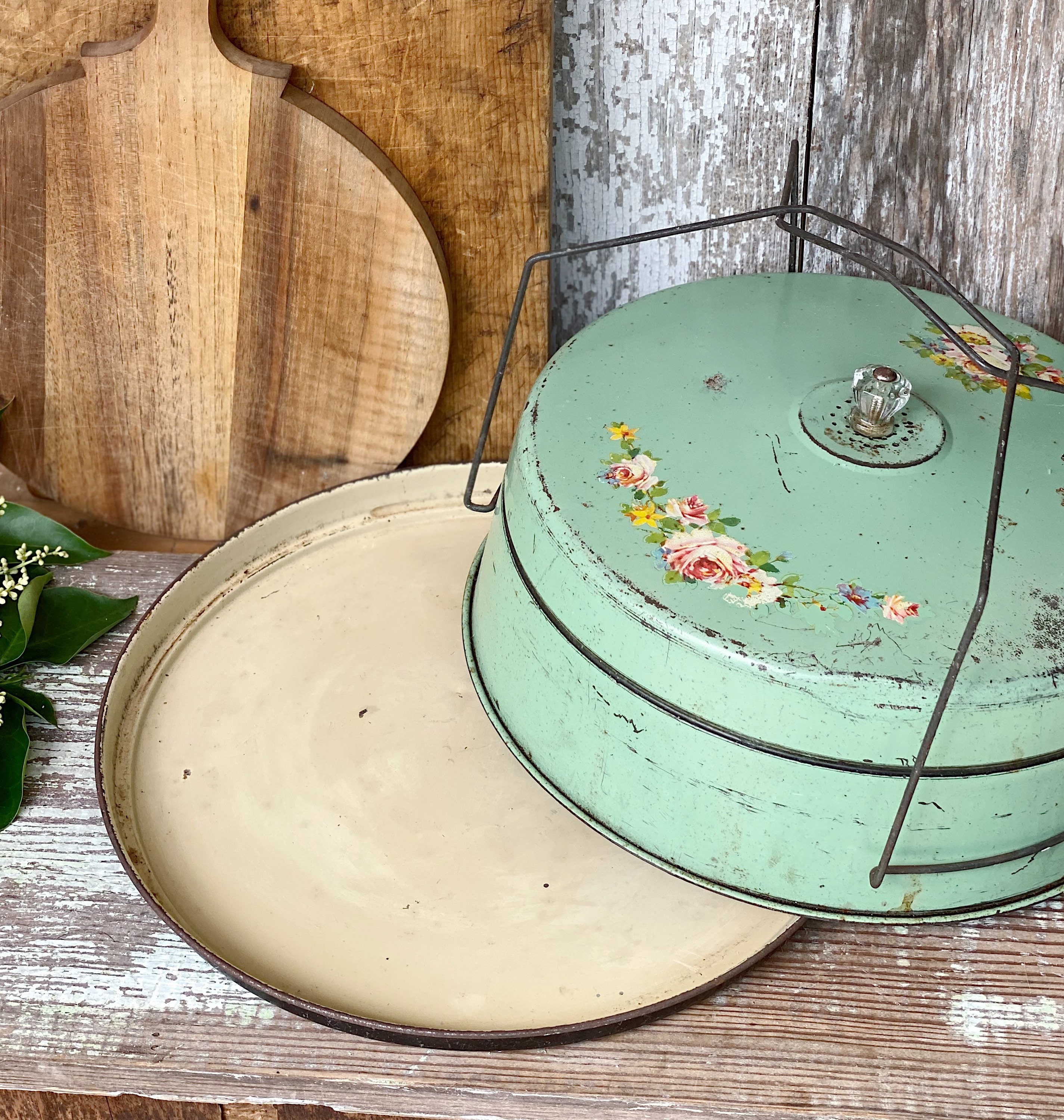 Antique Cake Cover Keeper Dome GREEN Cream Metal Tin Farmhouse Decor