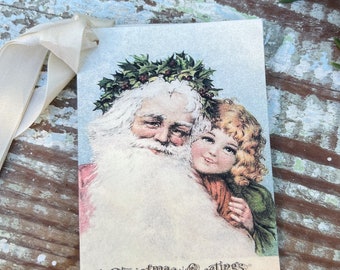 Christmas Vintage Gift Tags SANTA With CHILD Greetings Farmhouse Christmas Decor Card French Shabby Gift Wrap