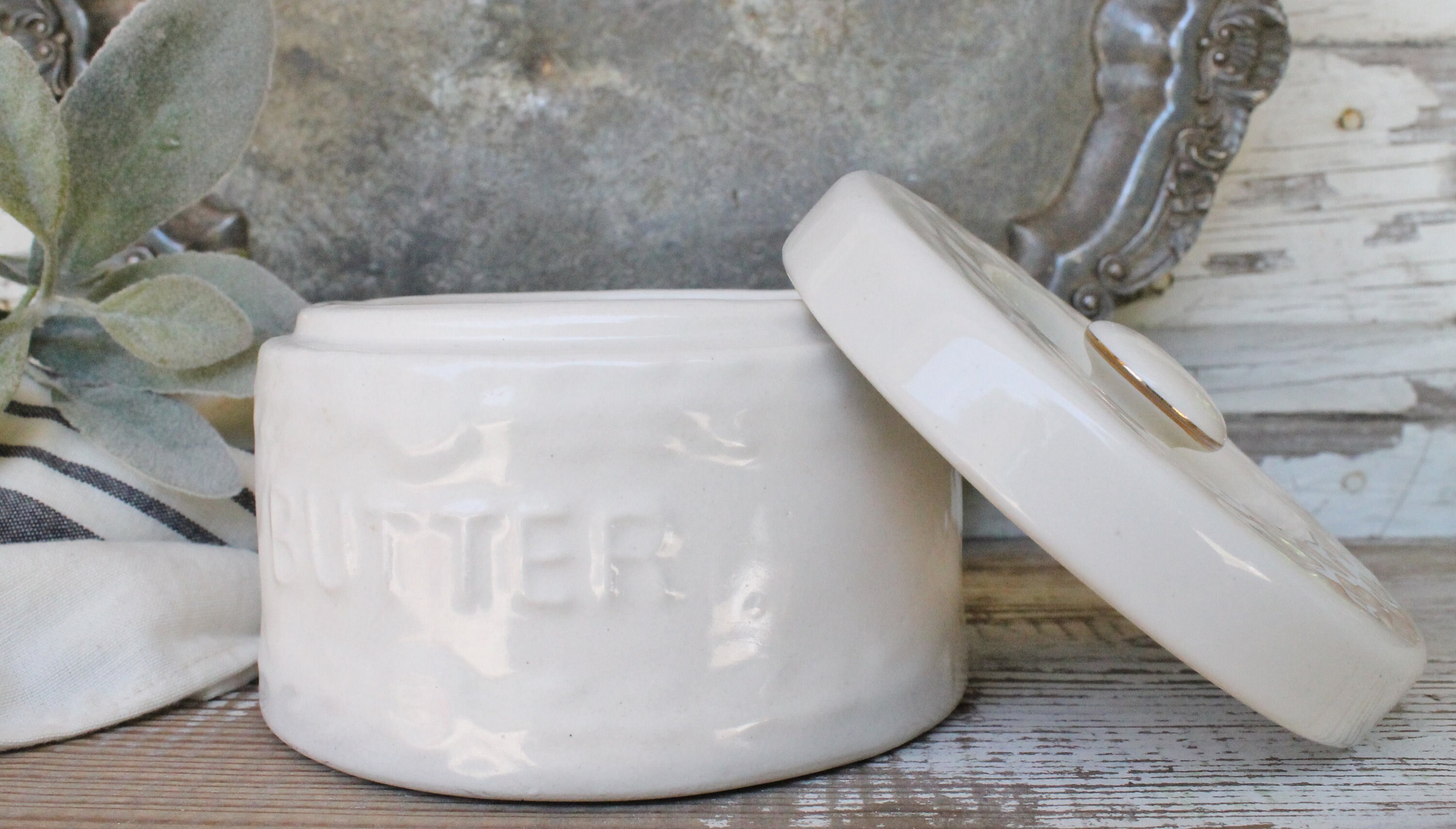 Antique Butter Crock White Ironstone Stoneware Bowl Farmhouse Decor