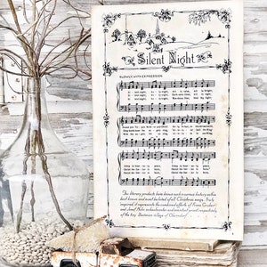 SILENT NIGHT Sign Wood Vintage Sheet Music Carol Christmas Decor Poster Farmhouse Decor Book Page Wall Art