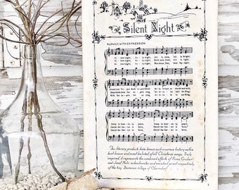 SILENT NIGHT Sign Wood Vintage Sheet Music Carol Christmas Decor Poster Farmhouse Decor Book Page Wall Art