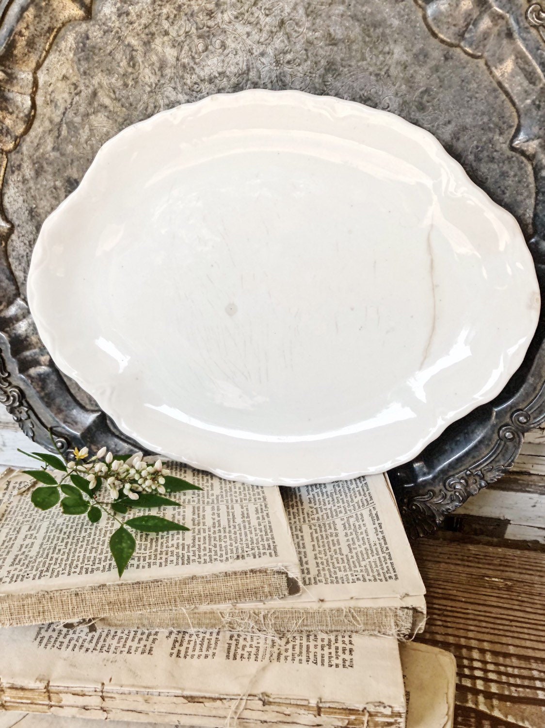 Vintage Ironstone Platter Creamy White Oval Scallop USA Farmhouse Decor Grungy Aged Ironstone