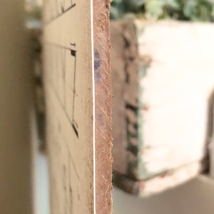 May include: A side view of a light-colored wooden sign with architectural drawings. The sign's edge is visible, showing the thickness of the wood. The background is blurred, with hints of a white structure and greenery.