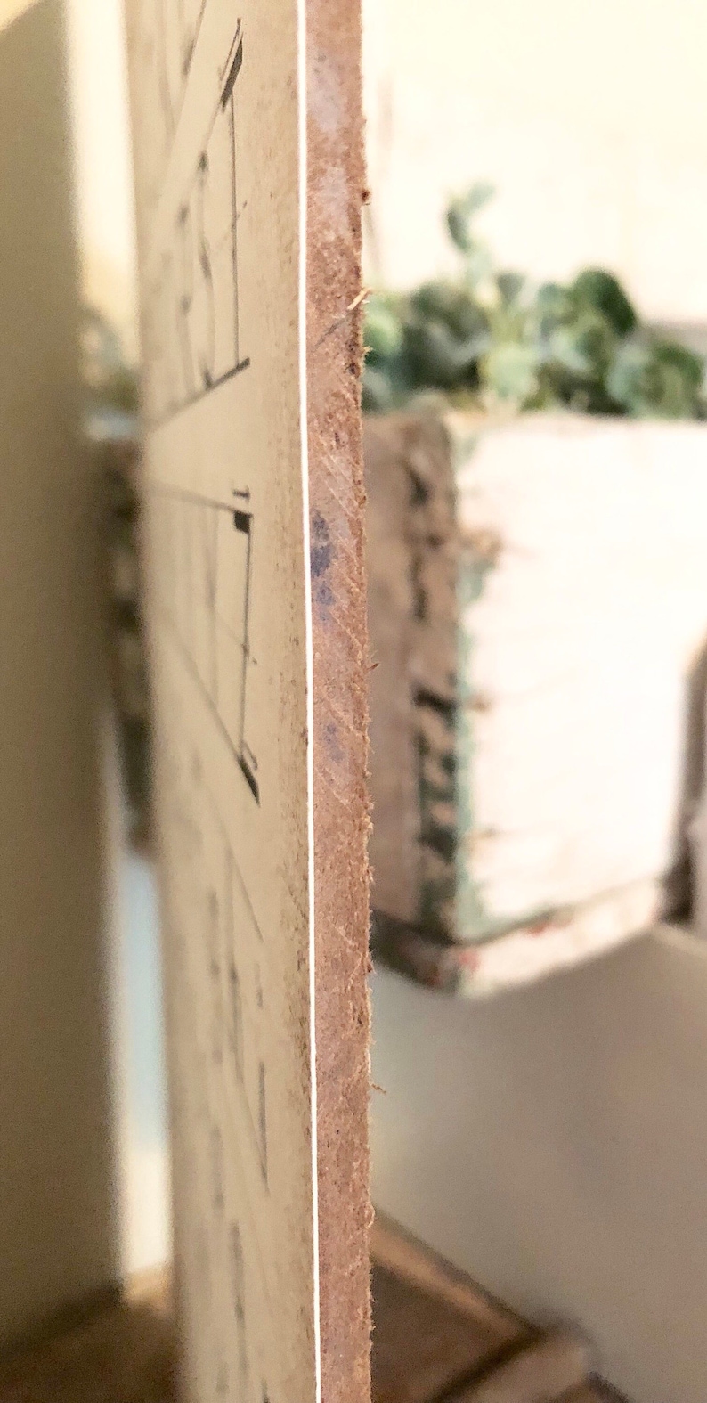 May include: A side view of a light-colored wooden sign with architectural drawings. The sign's edge is visible, showing the thickness of the wood. The background is blurred, with hints of a white structure and greenery.