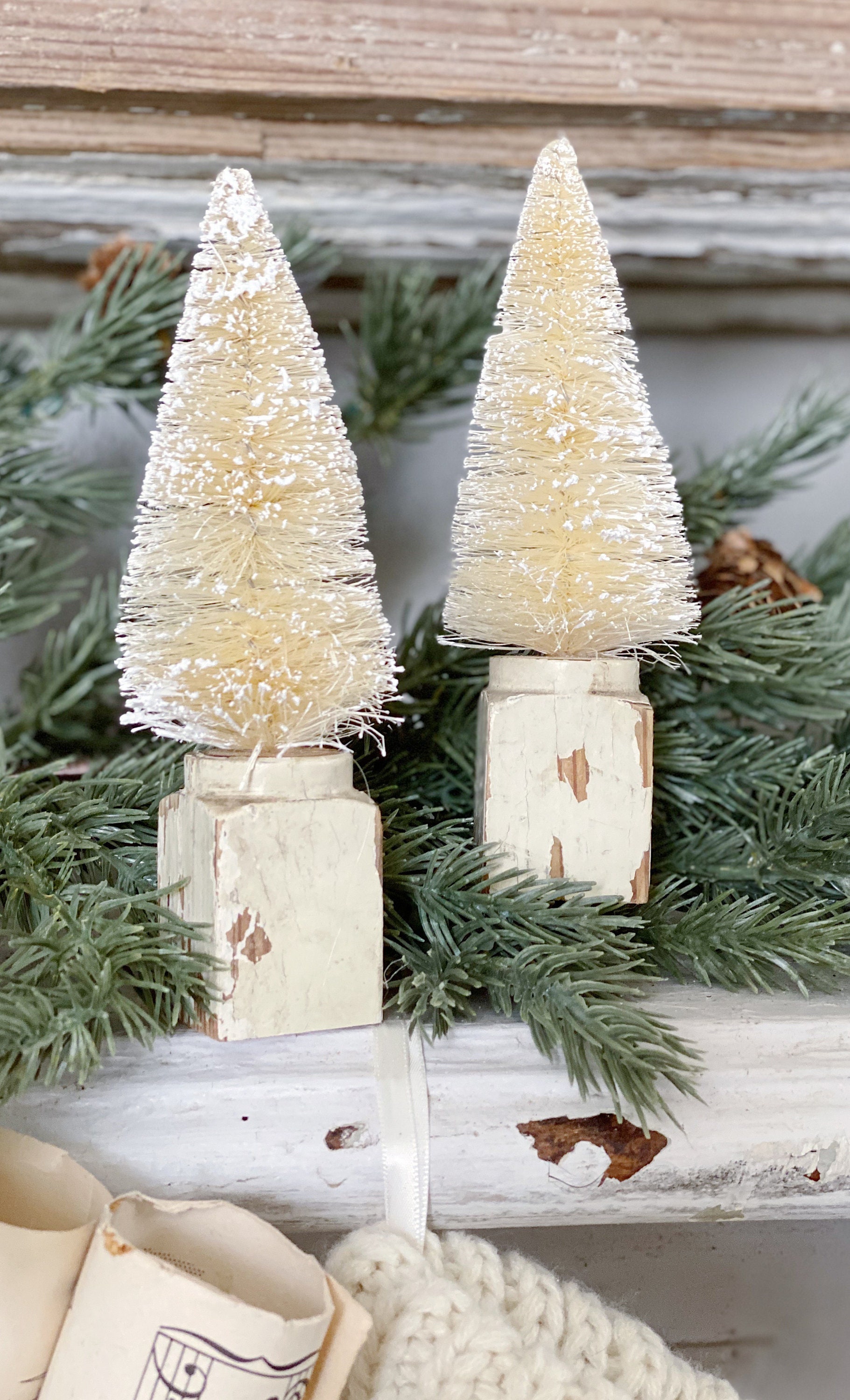 Christmas Bottle Brush Tree Salvaged Wood Base WHITE Flocked Tree