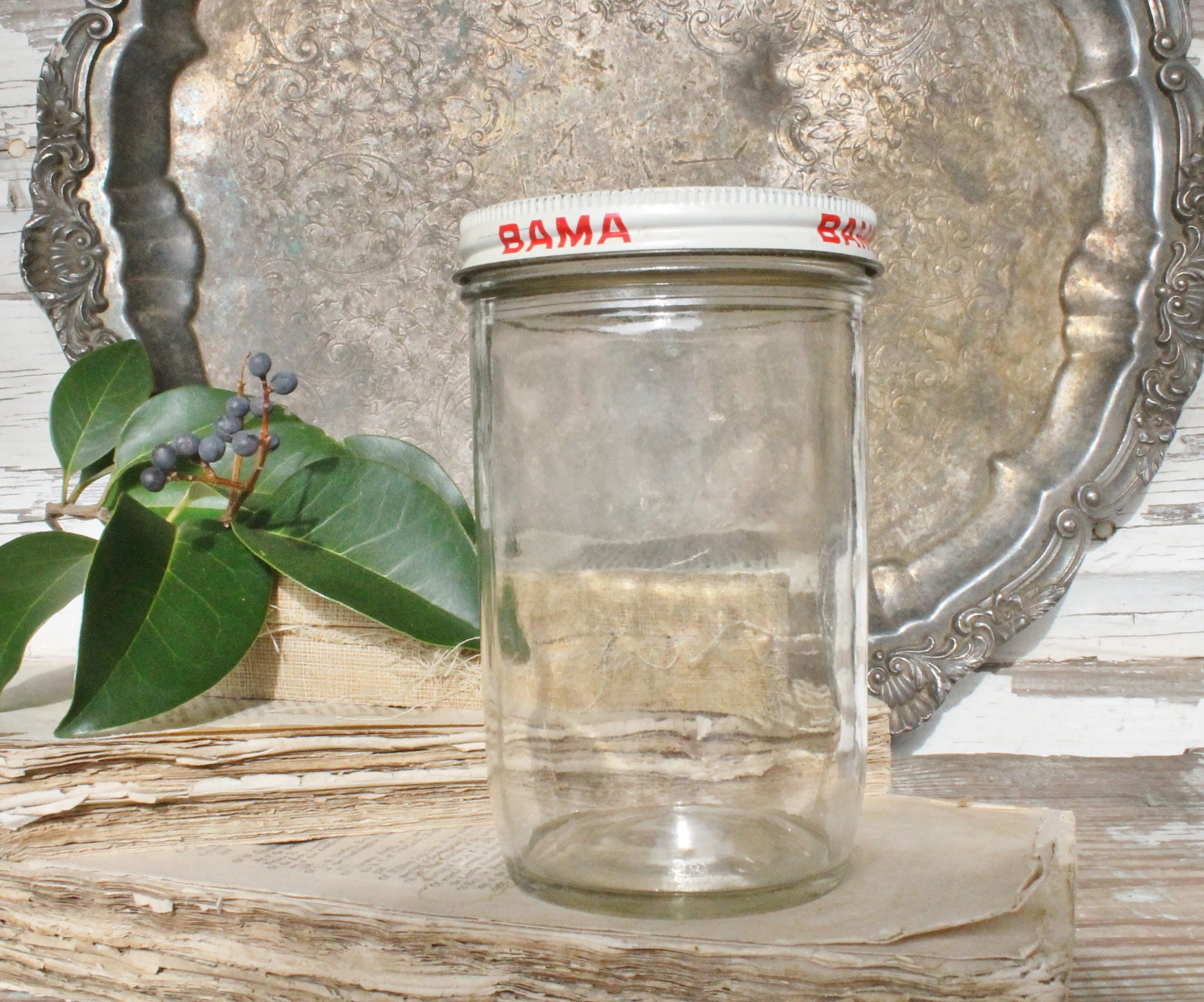 Vintage PEANUT BUTTER Glass Jar with Lid BAMA Crunchy Red Container