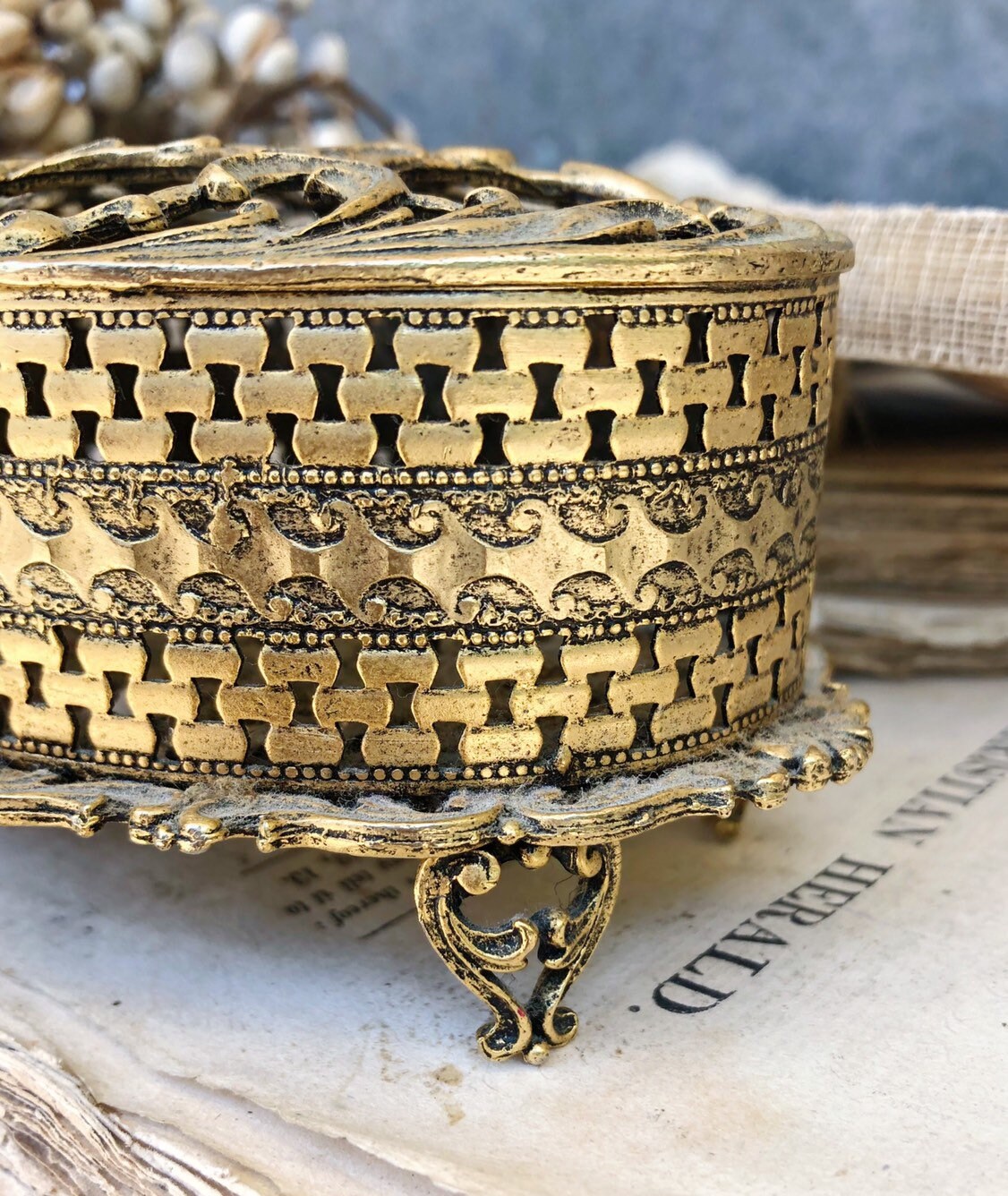 Antique Vintage Lipstick Holder Box Gold Filigree Brass Vanity Footed