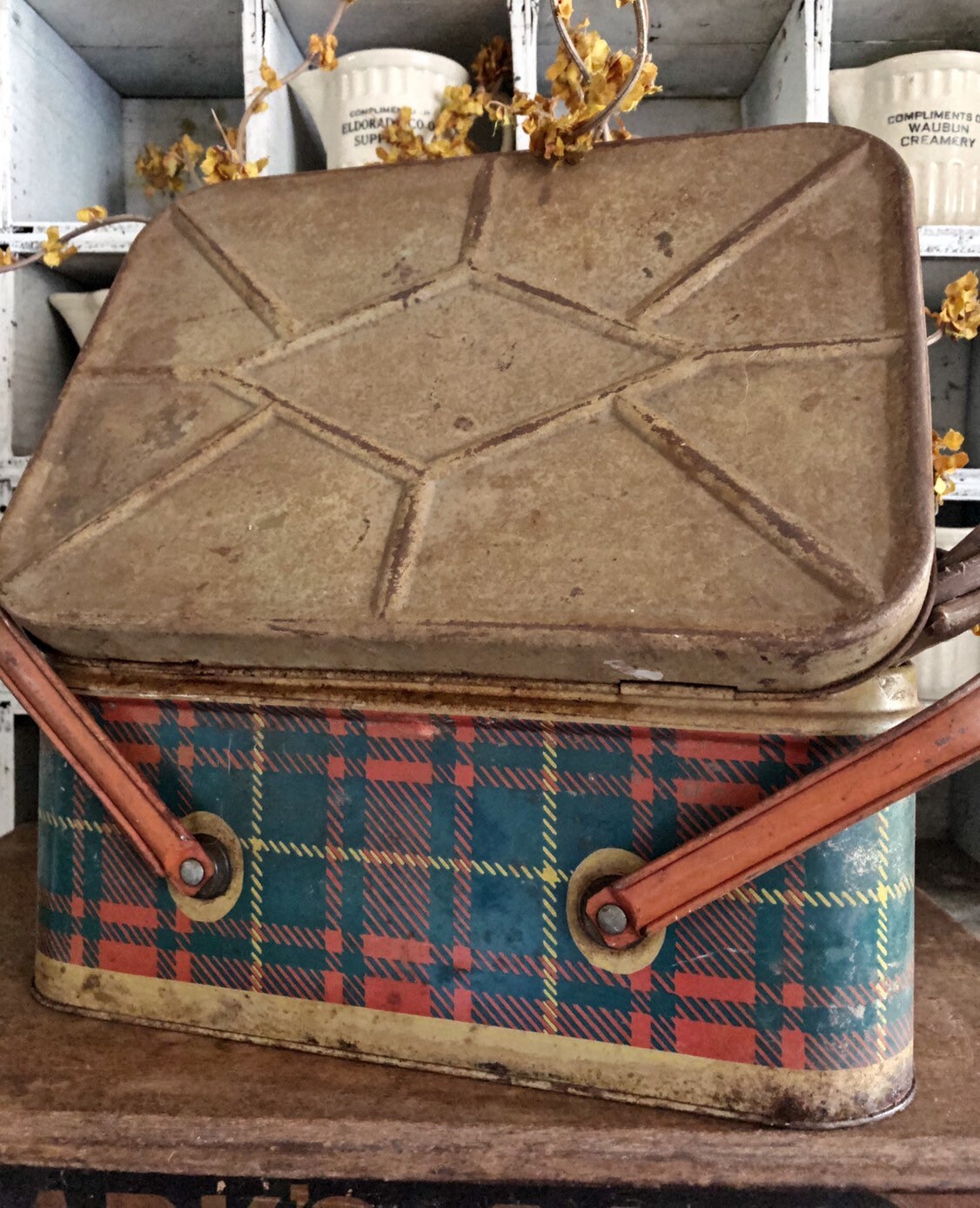 Vintage Plaid Metal Picnic Basket Farmhouse Decor Rustic Cabin Tartan