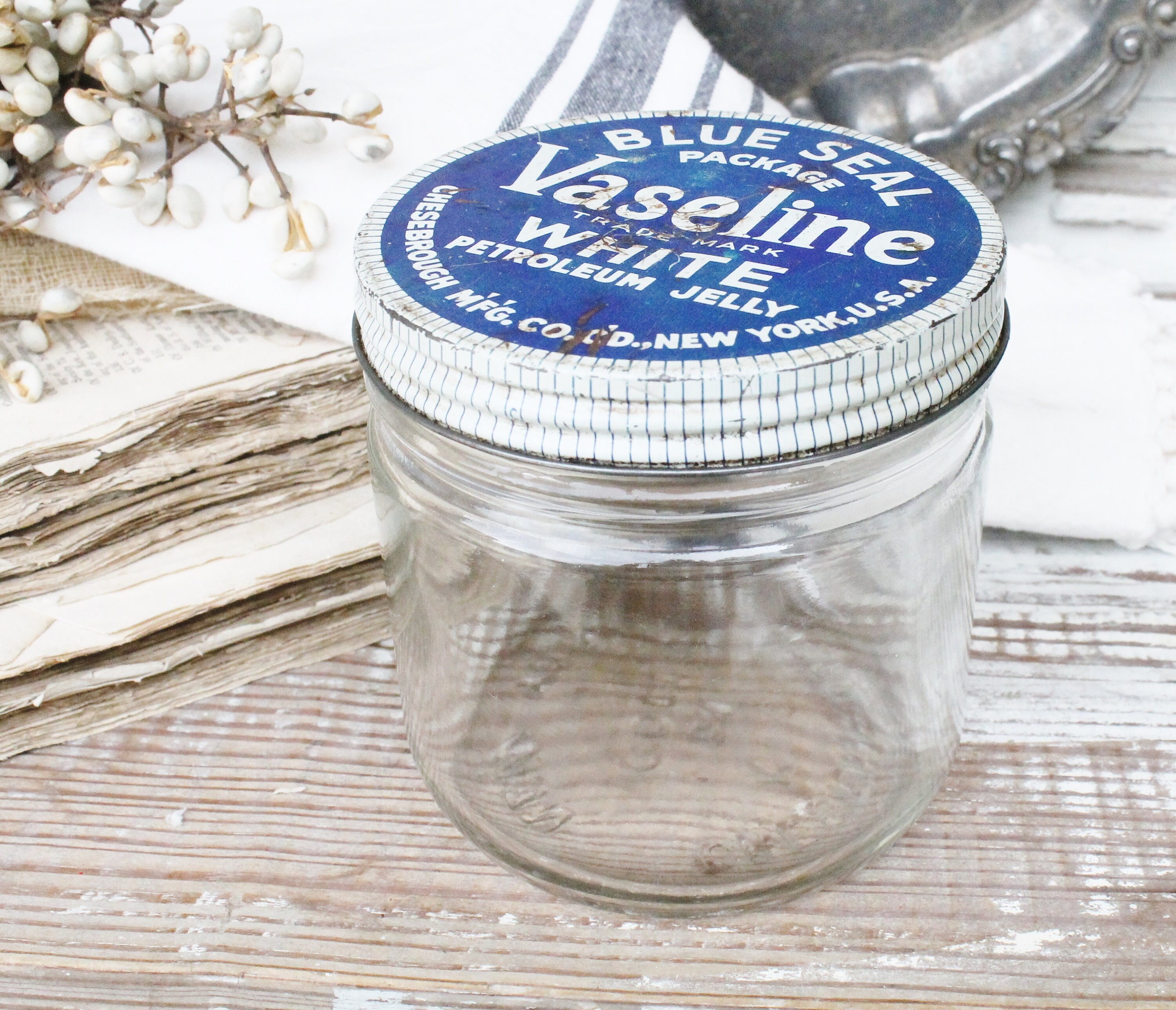 Vintage VASELINE Glass Jar with Lid BLUE SEAL Petroleum Jelly Container