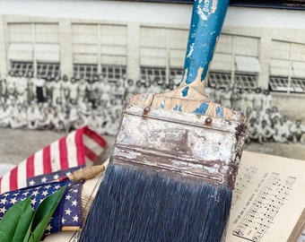 Vintage Paint Brush Farmhouse Decor Industrial Salvage AMERICANA Decor Chippy BLUE Paint Wood 4” USA