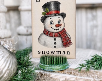 Tarjeta didáctica de muñeco de nieve, decoración navideña vintage de granja para fiestas
