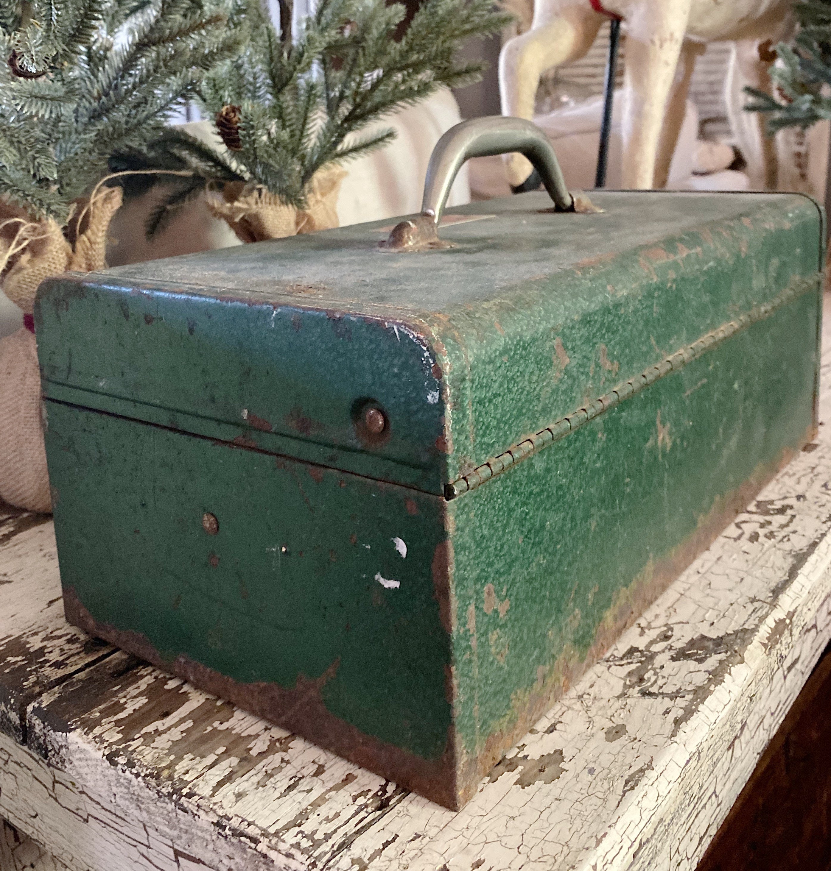 Vintage Metal GREEN Tool Box Farmhouse Decor Industrial Salvage Christmas Decor Fixer Upper