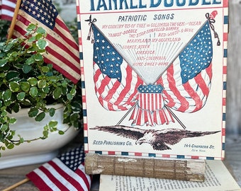 YANKEE DOODLE Sheet Music Cover Sign Americana Patriotic Decor Mounted Farmhouse Book Page Primitive Wood Sign usa