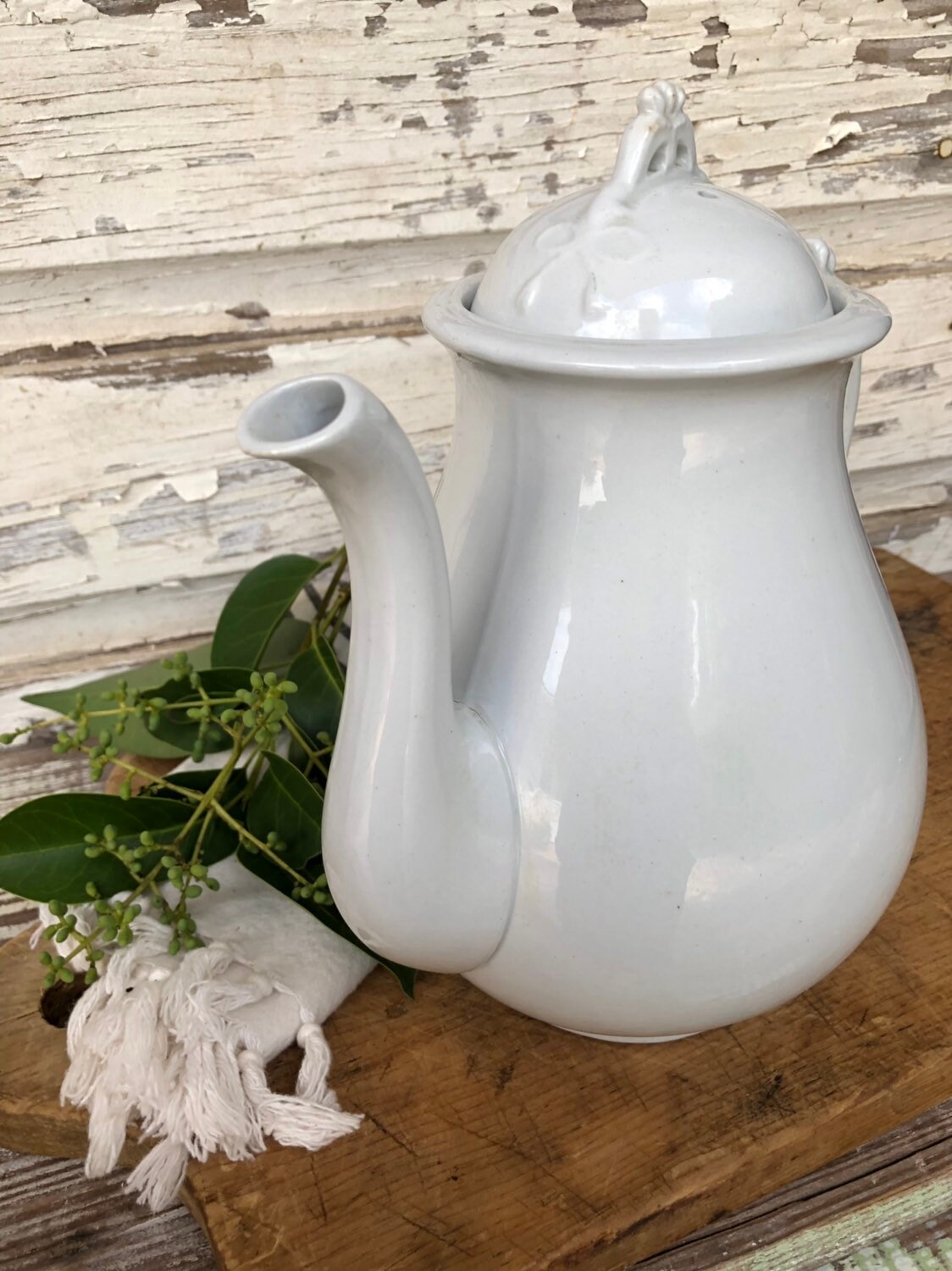 Antique White Ironstone BURGESS Tea Pitcher Kettle Pot Farmhouse Decor