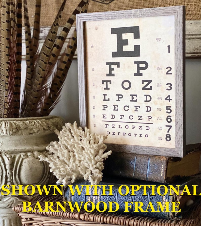 May include: A framed vintage eye chart with a weathered look. The chart features black letters of varying sizes against a cream-colored background. The frame is a light gray wood. Decorative elements include feathers and coral.