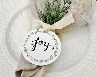 JOY Gift Tags CHRISTMAS Place Card Napkin Ring Name Card Hand Lettered Calligraphy Laurel Wreath French Farmhouse Decor Card Fixer Upper