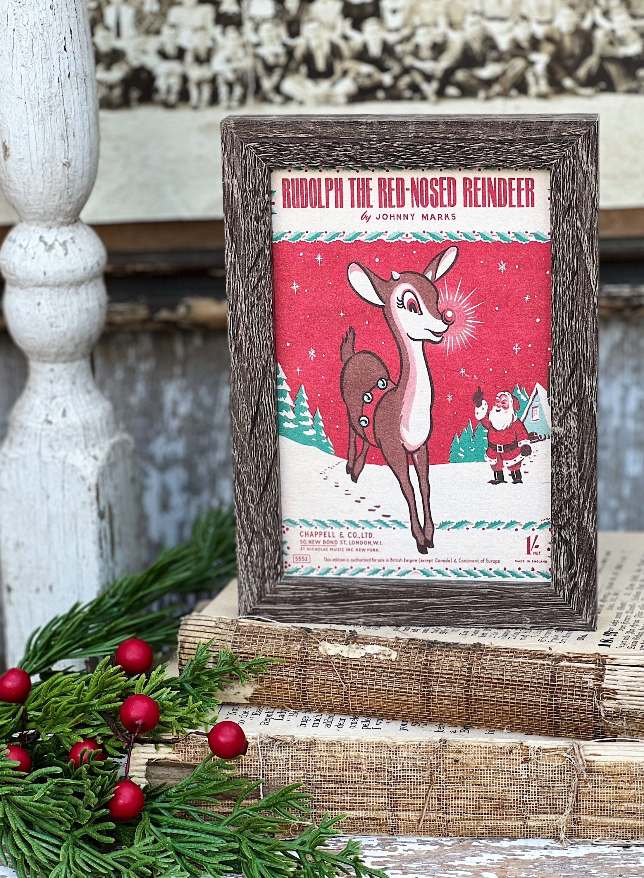 Vintage RUDOLPH REINDEER Sign Frame Farmhouse Christmas Winter Decor ...