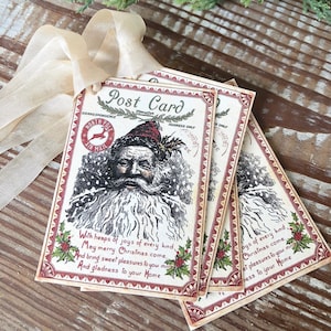 SANTA Weihnachtsgeschenkanhänger WEIHNACHTSMANN mit Postkarte Vintage Weihnachtskarte Bauernhaus Weihnachtsdeko French Shabby Chic Geschenkverpackung Primitive