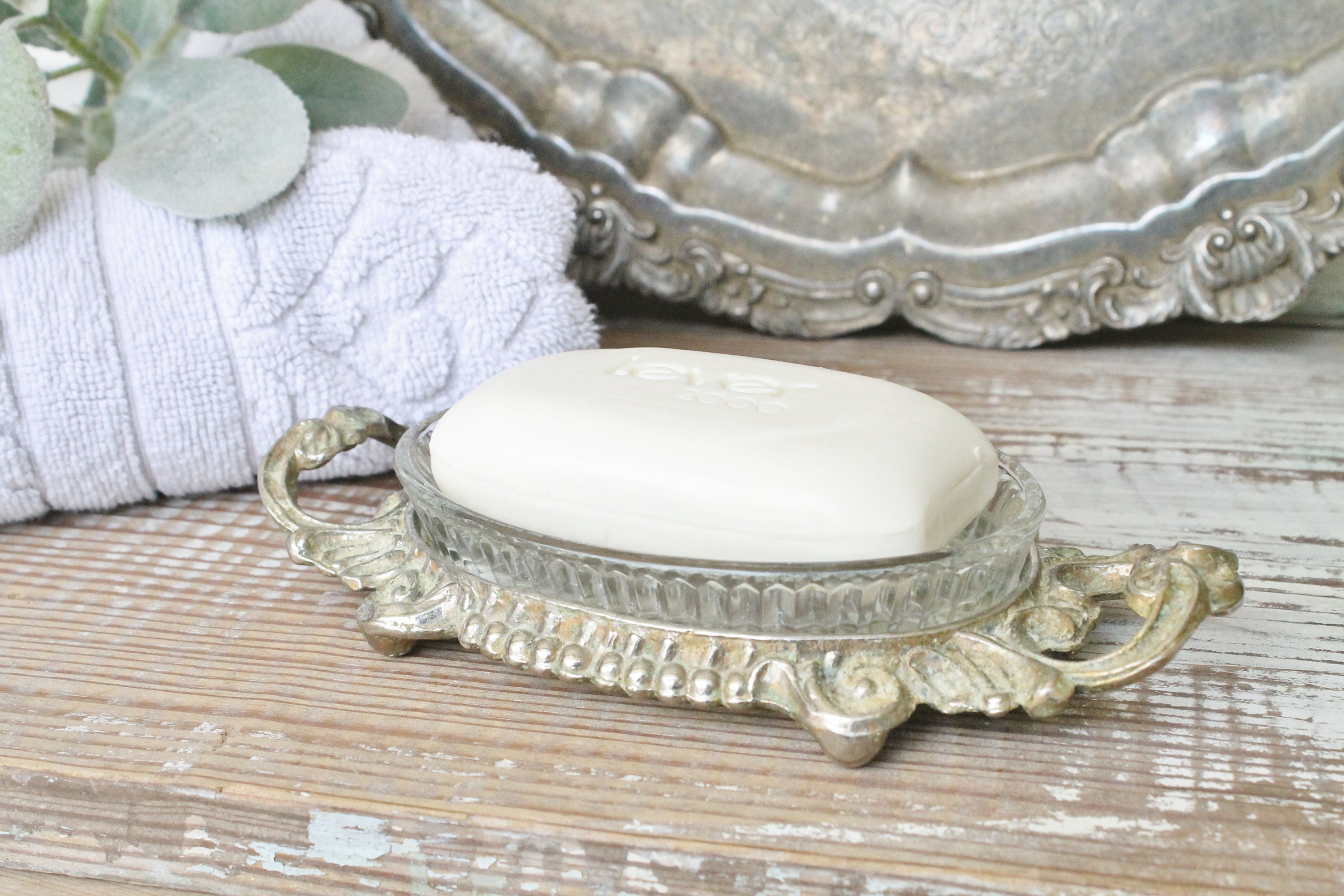 Antique Soap Dish Glass Brass Footed Tray Farmhouse Decor Fixer Upper