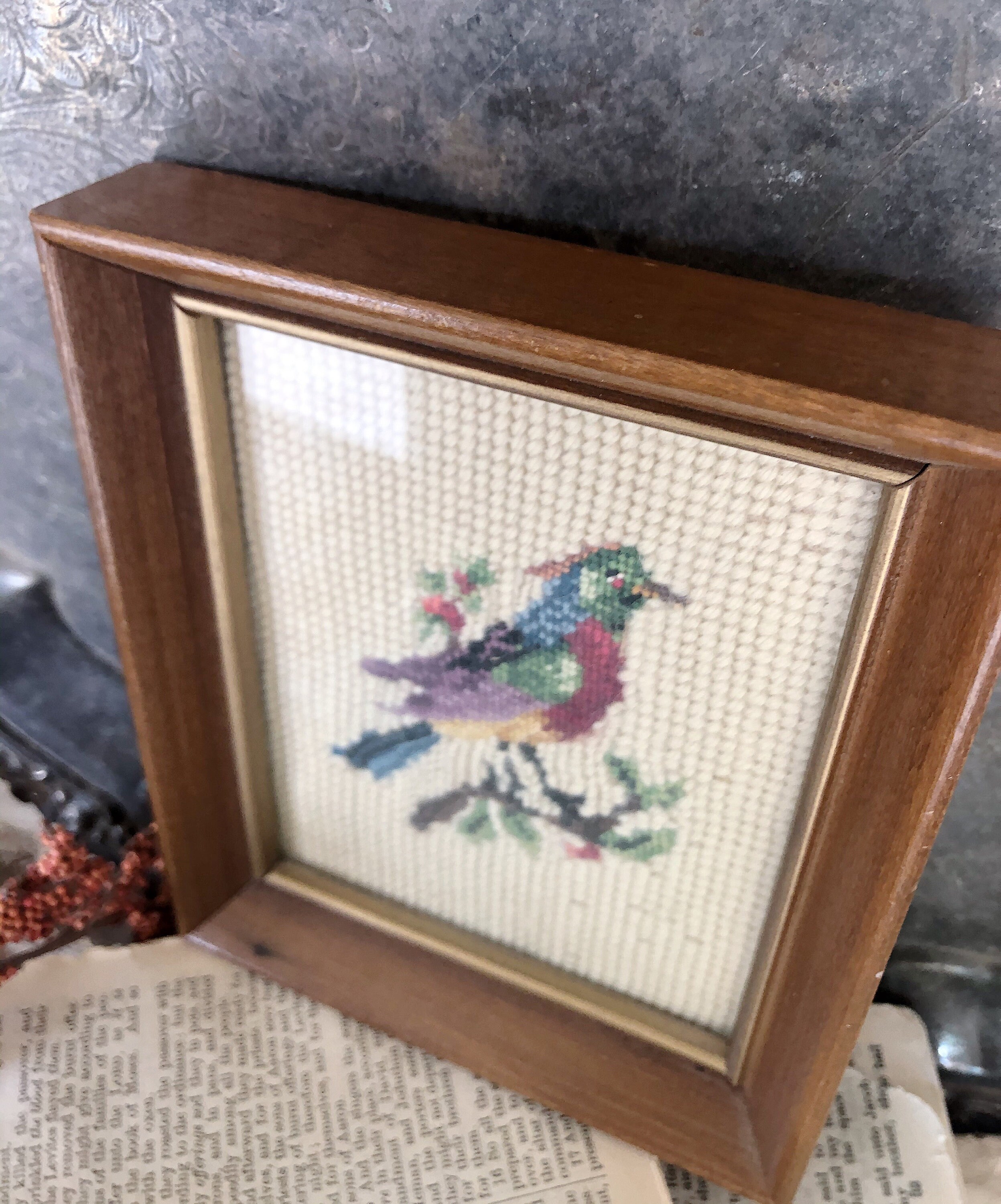 Antique Needlepoint Framed Yarn Wall Hanging Wool Farmhouse Decor Bird