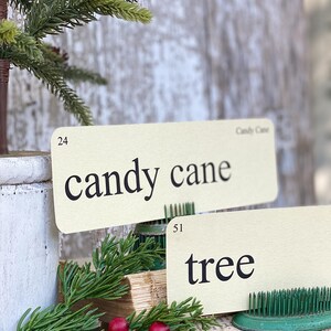 Peut inclure: Deux cartons cr&egrave;me avec le texte noir &laquo;&nbsp;candy cane&nbsp;&raquo; et &laquo;&nbsp;tree&nbsp;&raquo; sont affich&eacute;s. Les cartons sont soutenus par des crapaudines vertes. Une branche de verdure et des baies rouges sont au premier plan, avec un petit arbre de No&euml;l en arri&egrave;re-plan.