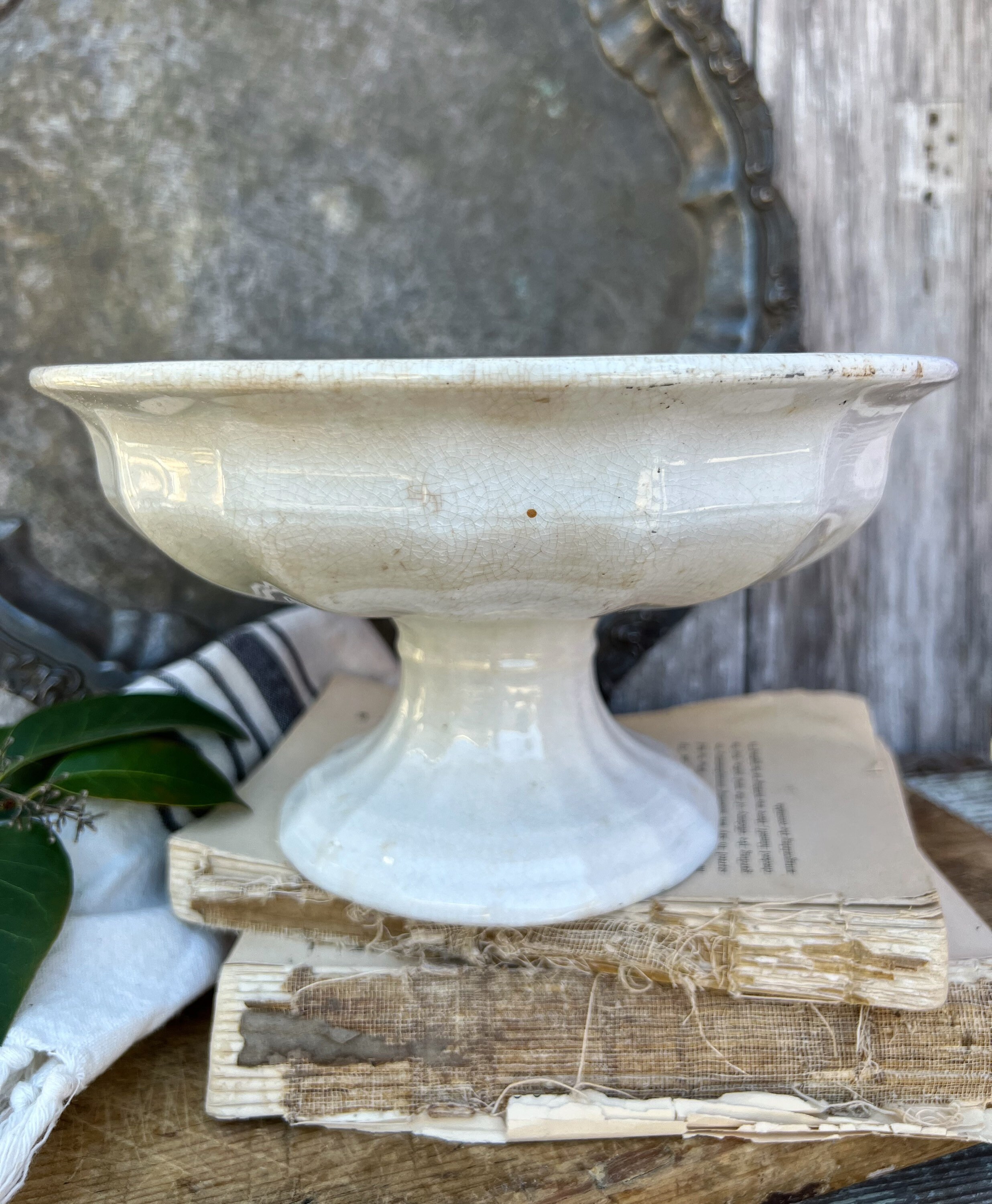 Antique White Ironstone Compote Pedestal Bowl Lady Finger Scallop