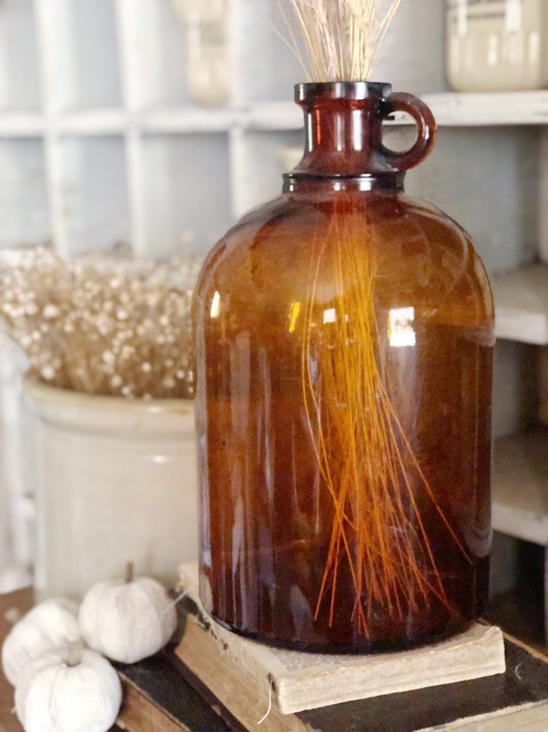 Brown Apothecary Glass Storage Bottle w/ Lid, Botanical Jar Stem