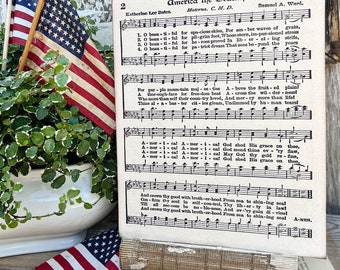 AMERICA The BEAUTIFUL Sheet Music Sign Americana Patriotic Decor Mounted Farmhouse Book Page Primitive Wood Sign USA