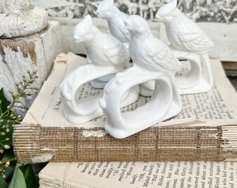 Vintage Napkin Rings Birds White Porcelain Ironstone French Country Farmhouse Decor