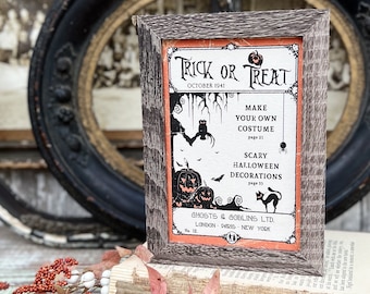 HALLOWEEN Trick or Treat COSTUME Sign  Frame Farmhouse Vintage Retro Print Decor Barn Wood Rustic Primitive Framed