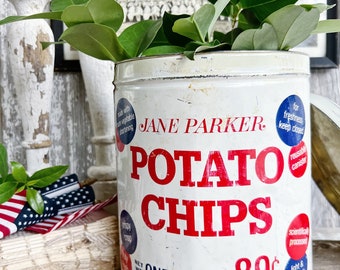 Vintage Jane Parker POTATO CHIPS Red White Blue Tin Can Bucket Galvanized Farmhouse Decor Industrial Salvage Patriotic Primitive