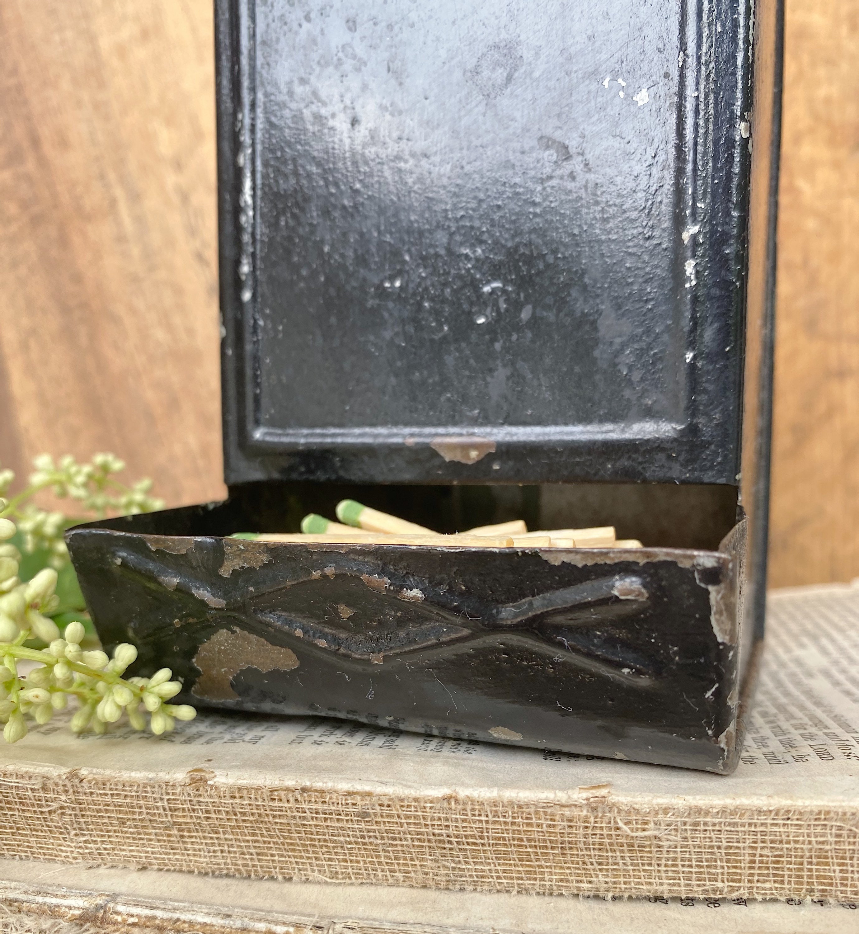 Vintage Metal Match Holder Wall Mount Black Chippy Farmhouse Decor