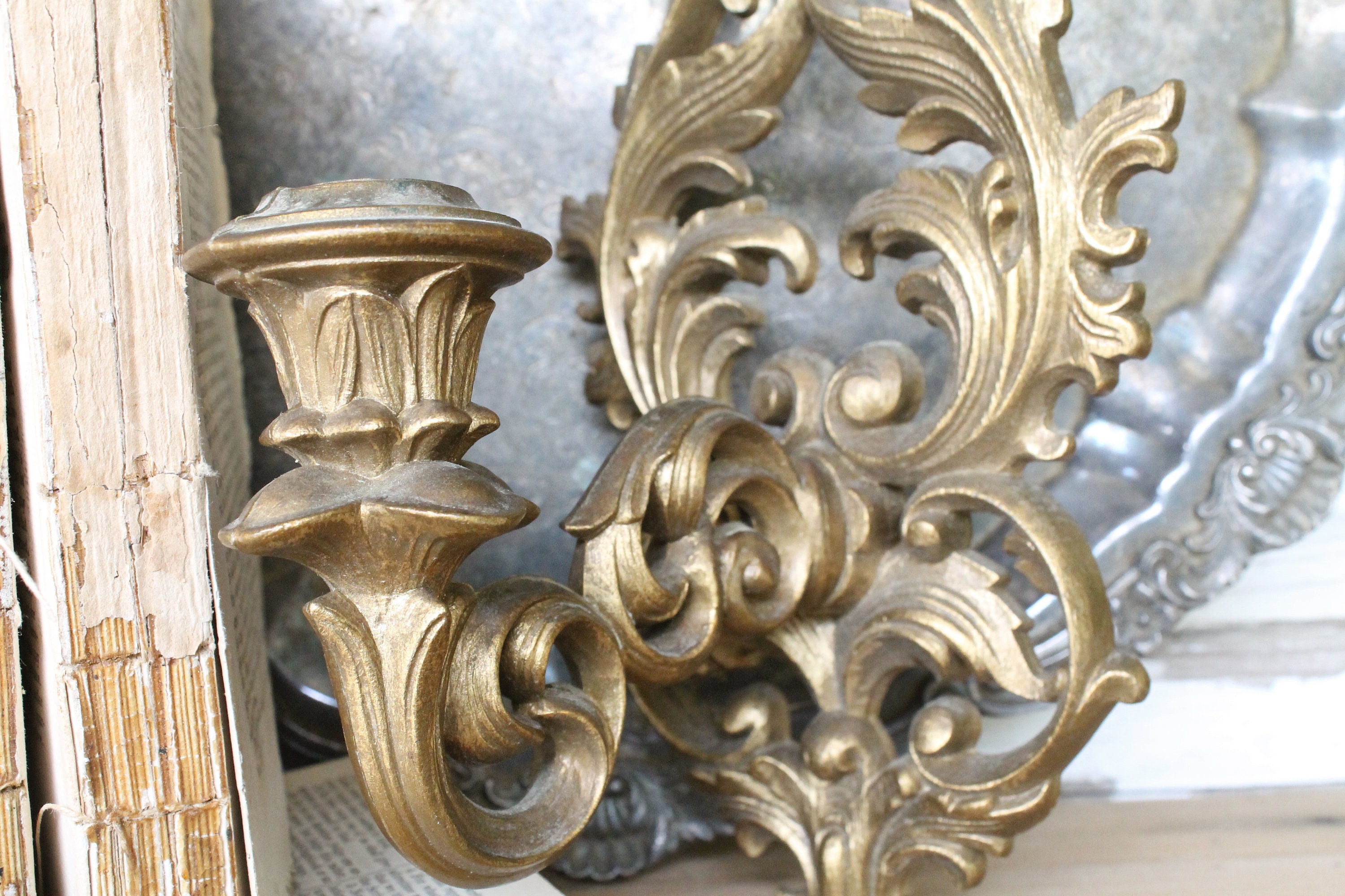 Vintage Gold Floral Candle Sconce French Farmhouse Fixer Upper