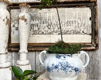 Antique Ironstone Sugar Bowl Jar Blue Transferware Farmhouse Decor W H Grindley Wildflower England
