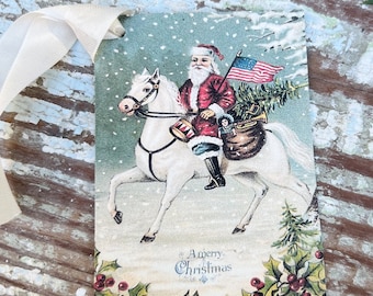 Christmas Vintage Gift Tags SANTA on HORSE USA Flag Farmhouse Christmas Decor Card French Shabby Gift Wrap