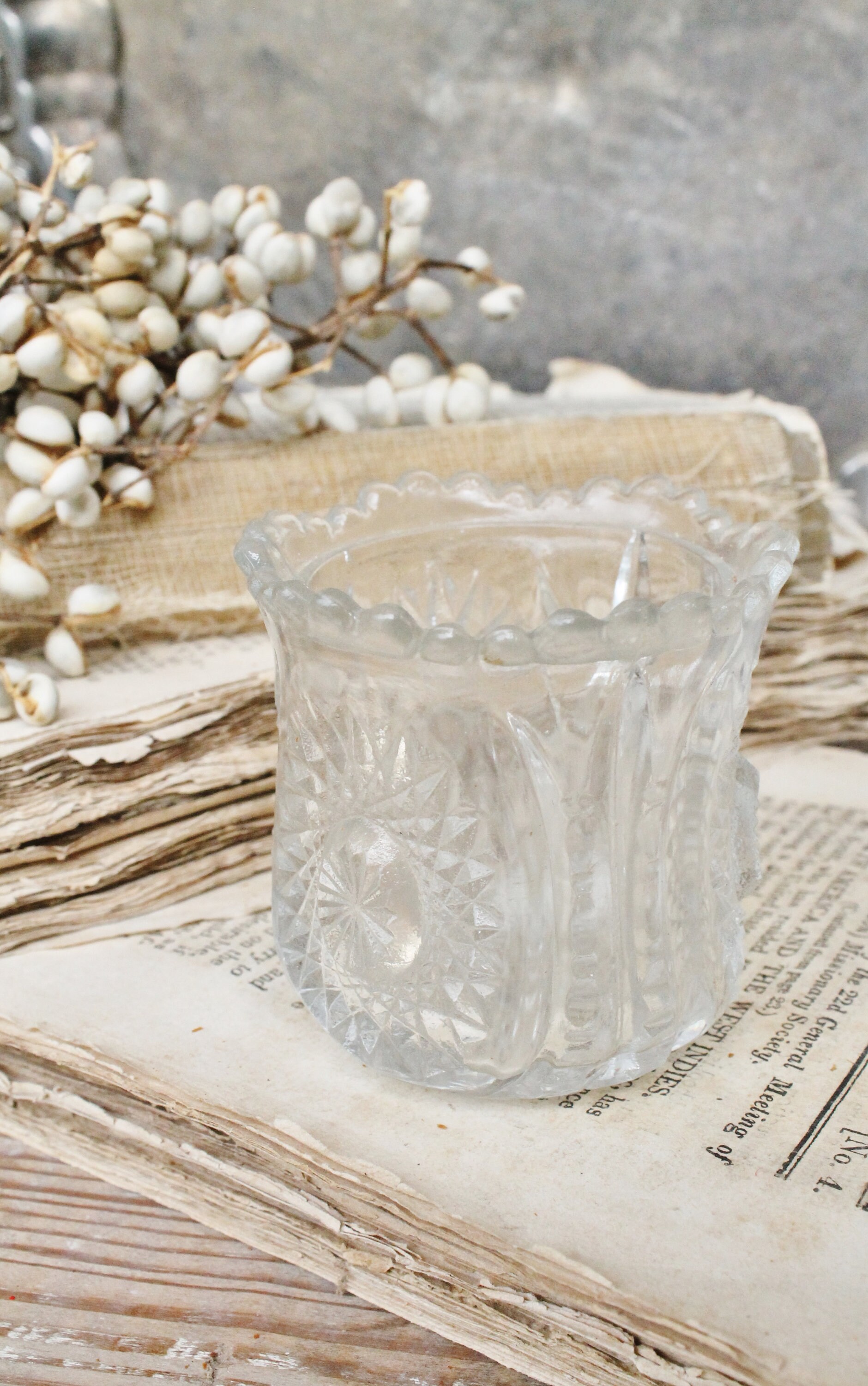 Antique Cut Glass Toothpick Holder Scallop French Country Farmhouse Decor