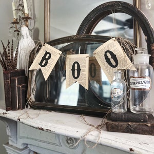 BOO Banner Vintage Book Page BANNER Bunting Pennant Sign Farmhouse Decor Garland Rustic Book Page Art Fall Halloween