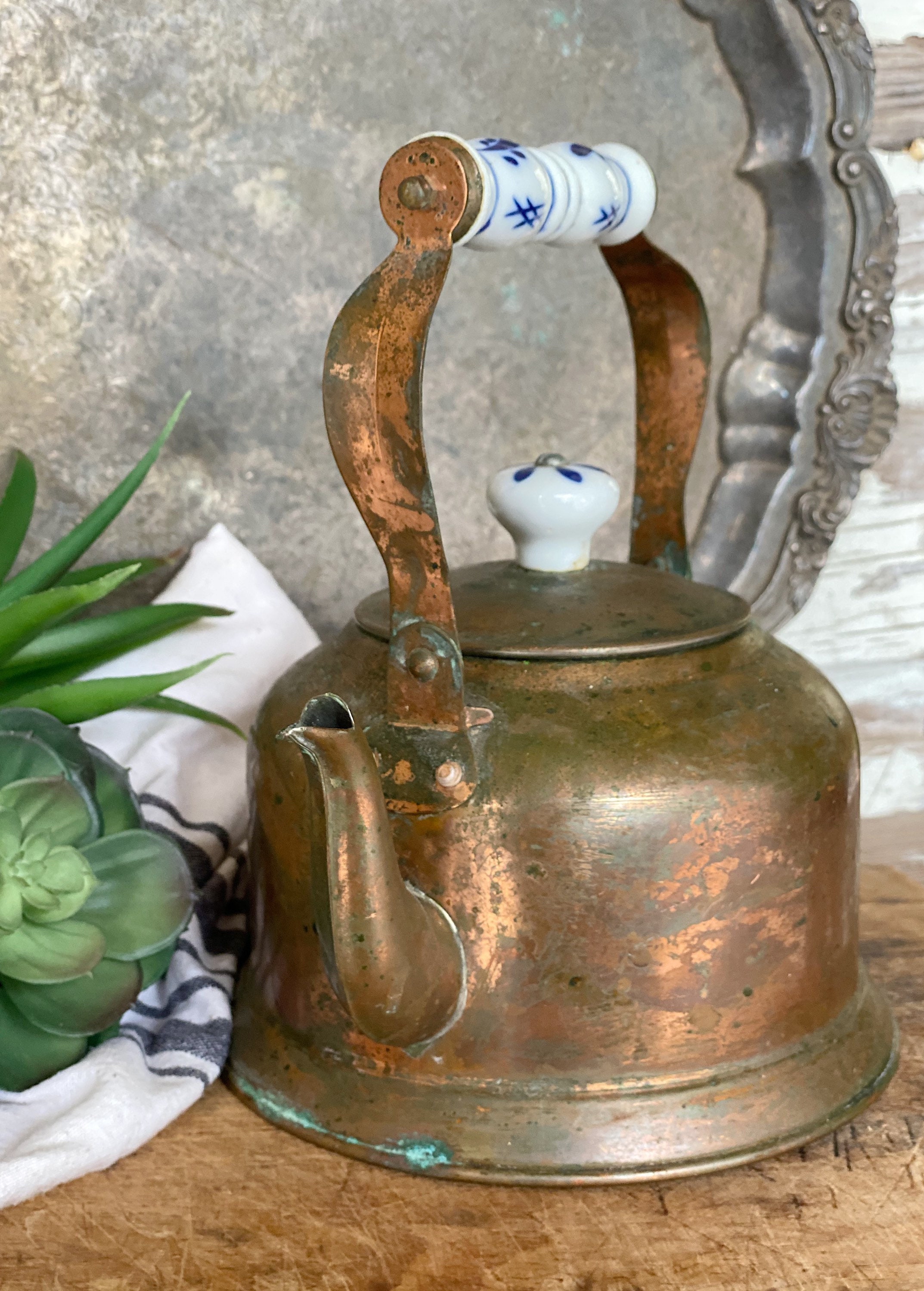 Vintage Copper Tea Pitcher Kettle Blue White Delft Handle French
