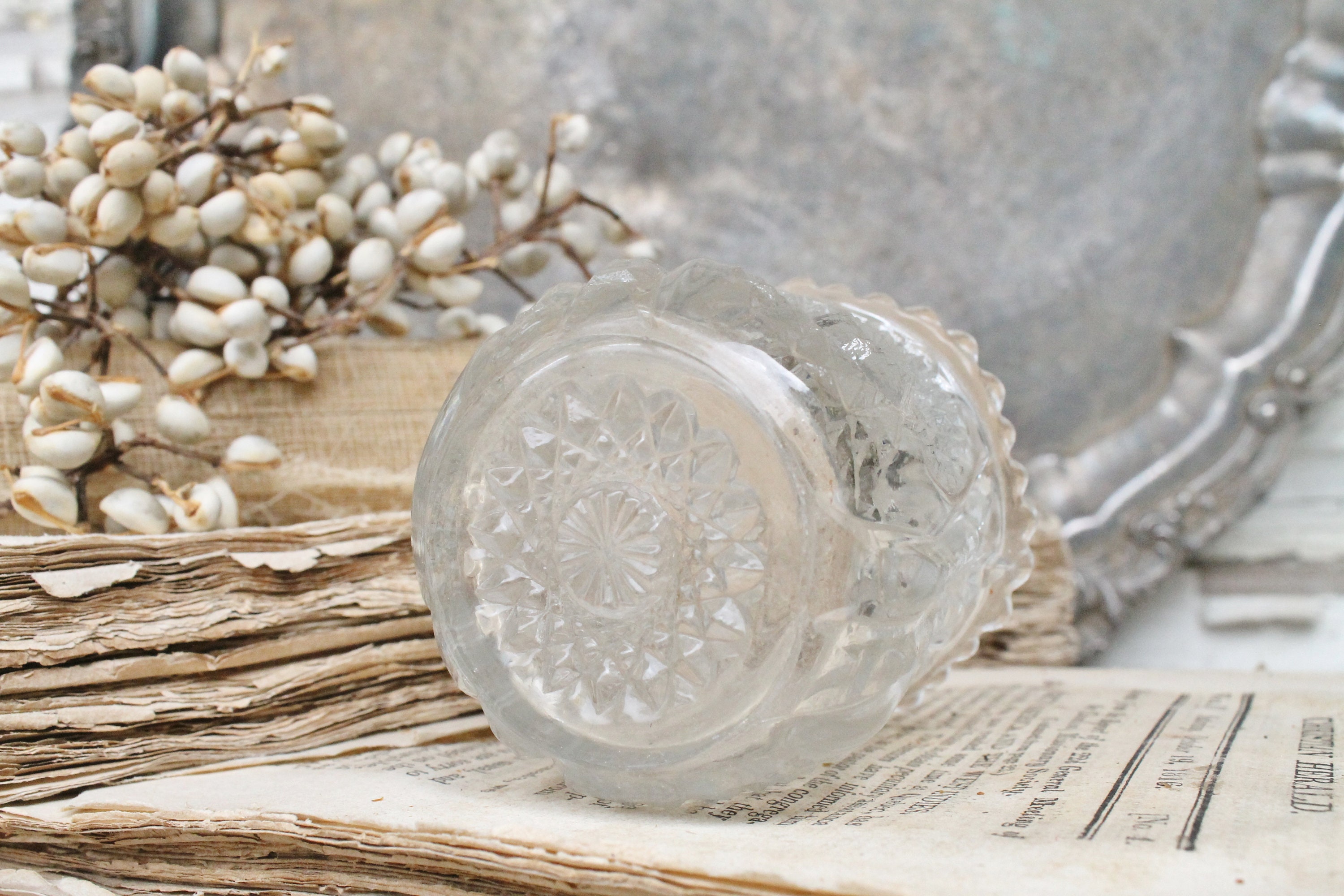 Antique Cut Glass Toothpick Holder Scallop French Country Farmhouse Decor