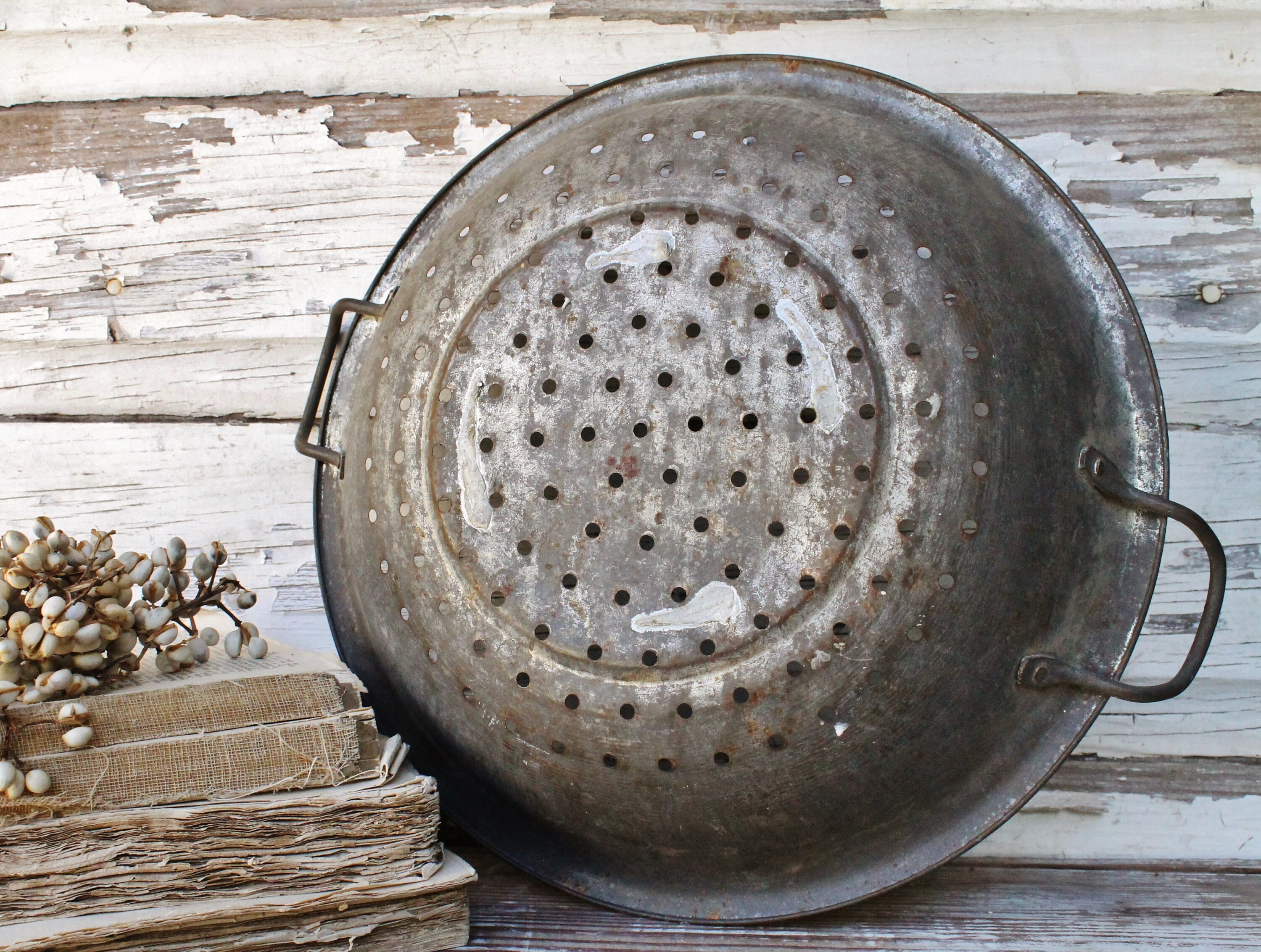 Vintage Metal Strainer Colander White Handles Primitive Farmhouse Decor